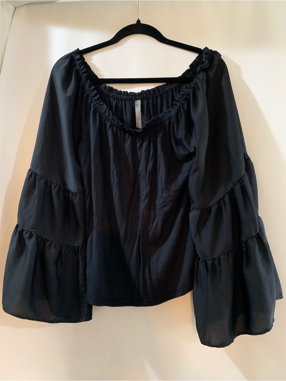 Anthropologie Black Off-Shoulder Tiered Bell Sleeve Blouse
